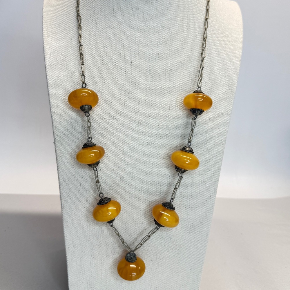 Vintage Honey Marbled Resin Statement Necklace Antiqued Brass Tone Boho Chunky‎